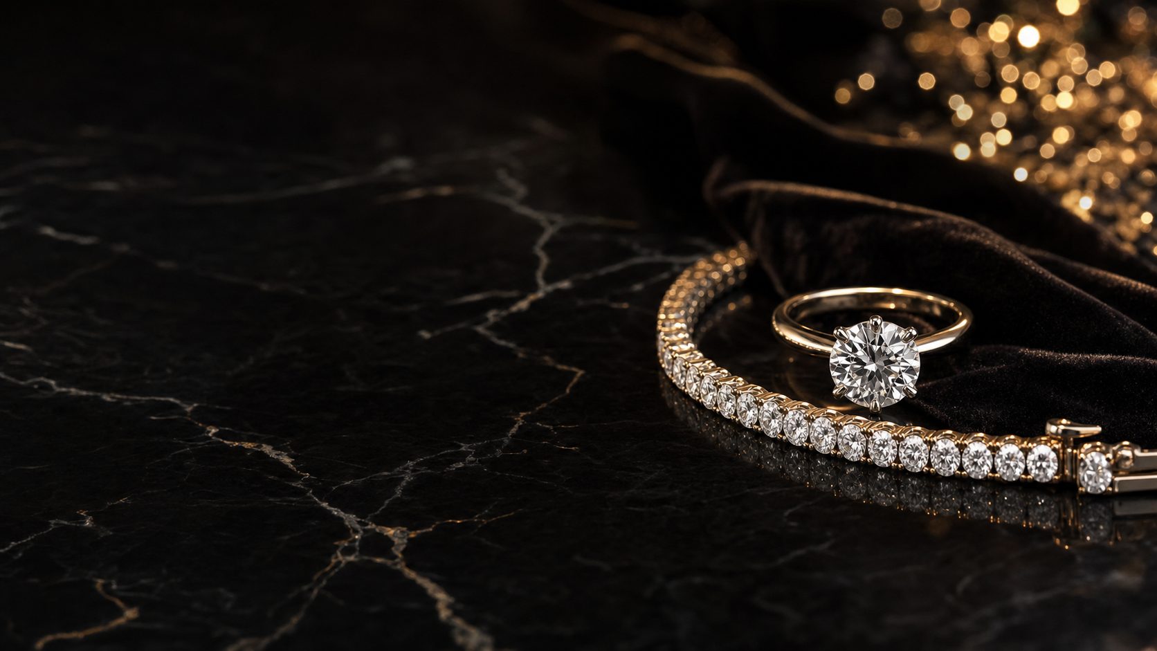 A gold solitaire diamond ring and diamond tennis bracelet on black marble with warm bokeh.